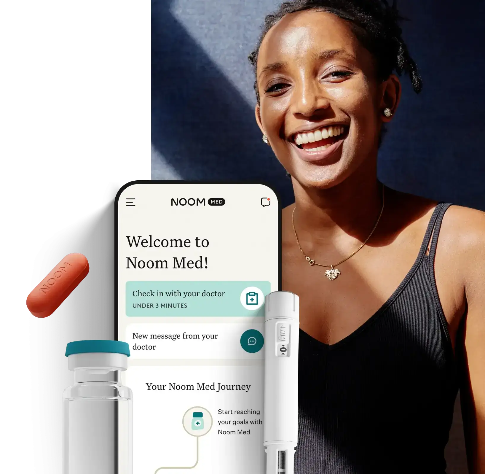 woman smiling with a noom vial, orange pill, and the noom app </p>
<p>